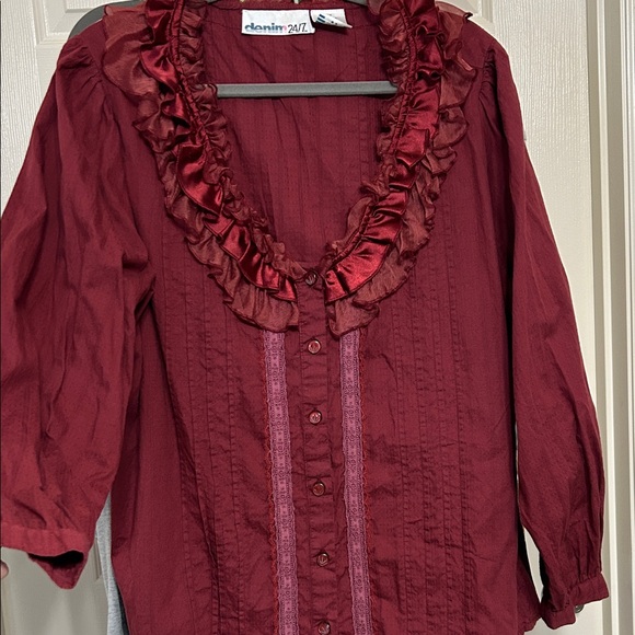 Denim 24/7 Tops - Denim 24/7 Wine Ruffle Cotton Blouse Button up with Lace Trim Fancy size 22